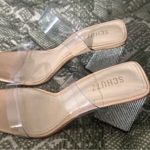 SCHUTZ Women's Clear Strap and Beige Block rhinestone heels NWO Box Size 9.5